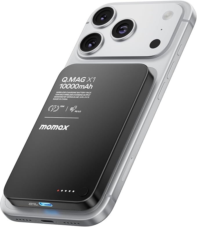 MOMAX Q.MAG Portable Charger Wireless 10000mAh, 0.5" Slim Power Bank Fast Charging Magnetic Battery Pack for iPhone Air/17 Pro Max/17 Pro/16/15/14/13/12 (1*USBC Port PD20W, No Lighting)