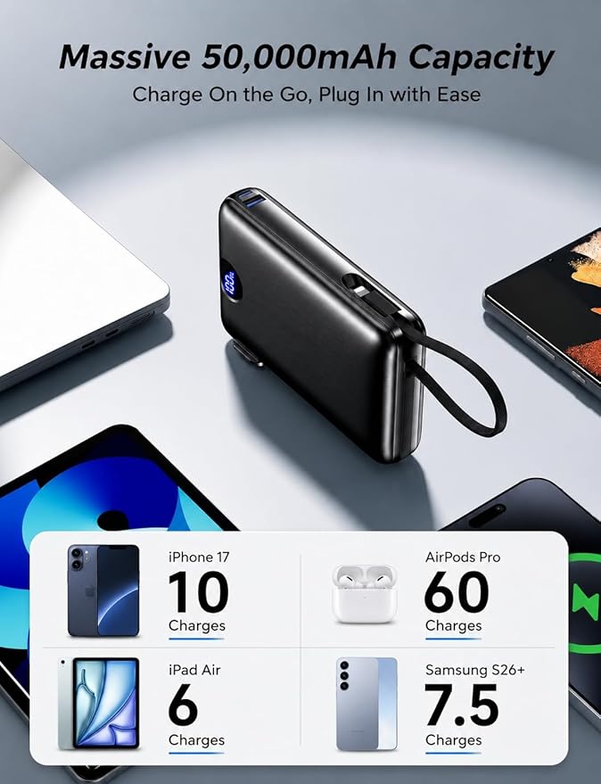 Portable Charger 50000mAh with Built-in Cables and AC Wall Plug, 22.5W Fast Charging Power Bank with LED Display for iPhone 17/16, Samsung, Android Devices, Camping, Road Trips and Travel, Black