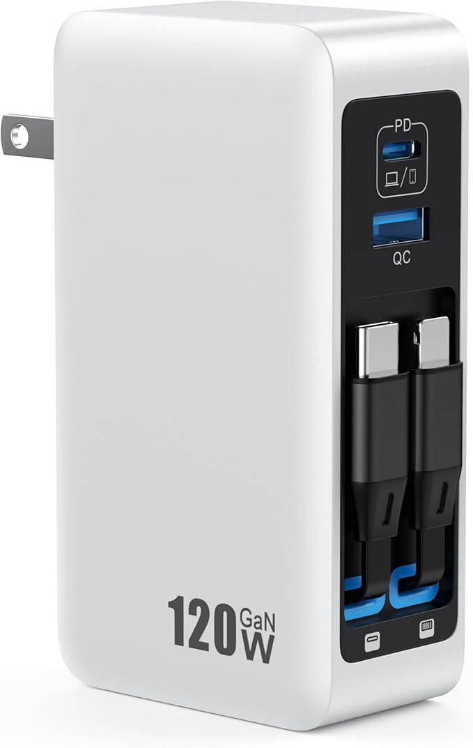 120W USB C Charger Block with 2 Built-in Retractable Cables,4-in-1 GaN IV Foldable Plug Wall Charger Fast Charging Station,PD 65W Laptop Adapter for MacBook/iPad,iPhone 17/16/15/14,Galaxy,Android etc