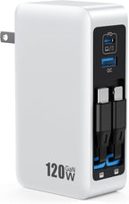 120W USB C Charger Block with 2 Built-in Retractable Cables,4-in-1 GaN IV Foldable Plug Wall Charger Fast Charging Station,PD 65W Laptop Adapter for MacBook/iPad,iPhone 17/16/15/14,Galaxy,Android etc