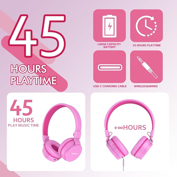 Kids Bluetooth Headphones,Lightweight Kids Headphones Wireless,85/94dB Safe Volume,40H Playtime,Fast Charging,Bluetooth 5.3,Over Ear,Toddler Headphone Built-in Mic for School/Tablet/Travel (Pink)