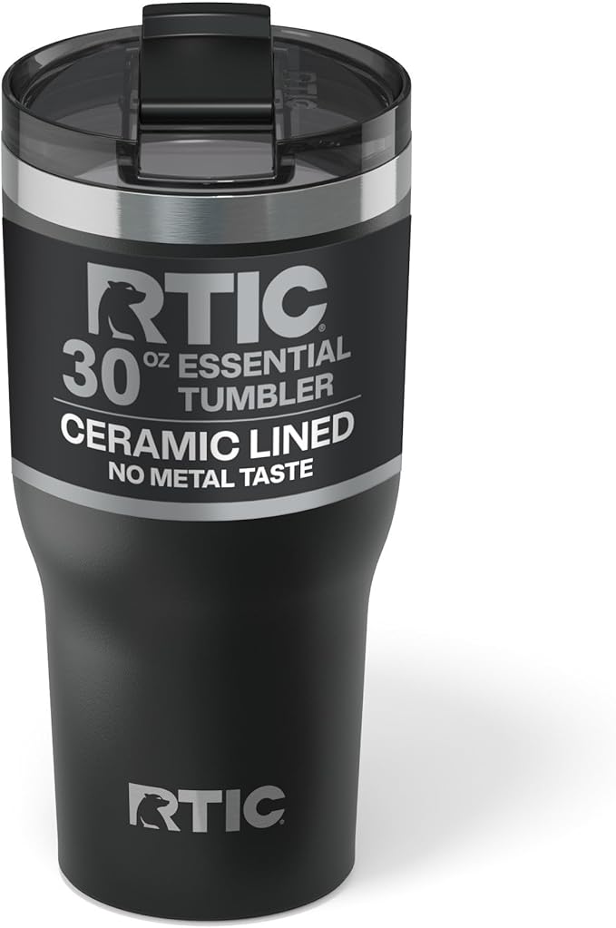 RTIC 30oz Essential Tumbler with Lid, Ceramic Lined, Insulated, Stainless Steel, Metal, Double Wall Vacuum-Insulation, Travel Cup for Iced Coffee, Tea, Hot and Cold Drink, Black