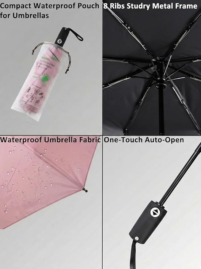 BAODINI Compact Travel Umbrella Small Windproof Auto Open Close for UV Sun Protection UPF 50+ and Rain Fits Backpack Purse & Suitcase