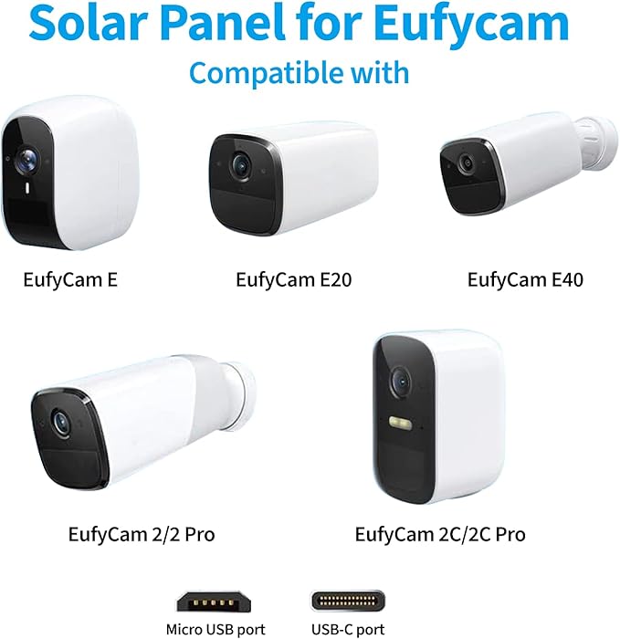 Solar Panel Charger Compatible with Eufycam 2C/2C Pro/E40/E20/2/2 Pro/E, 5V 5W Continuously Charging, 9.8ft Cable, Weatherproof (1Pack)
