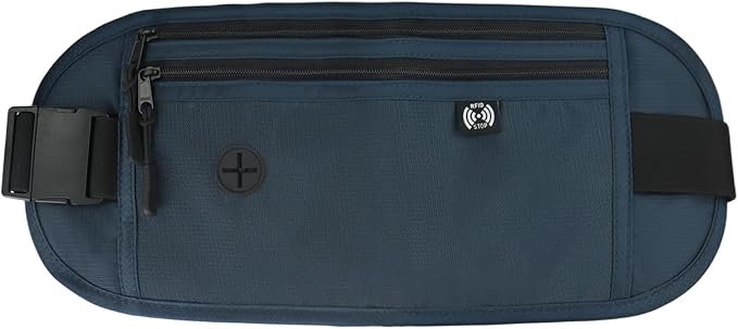 FuninCrea Waterproof Hidden Money Belt for Travel, Anti-Theft Belt Bag with RFID Blocking Function Adjustable Slim Waist Bag with 2 Zipper Pockets and 1 Back Pocket for Men and Women (Style l, Blue)
