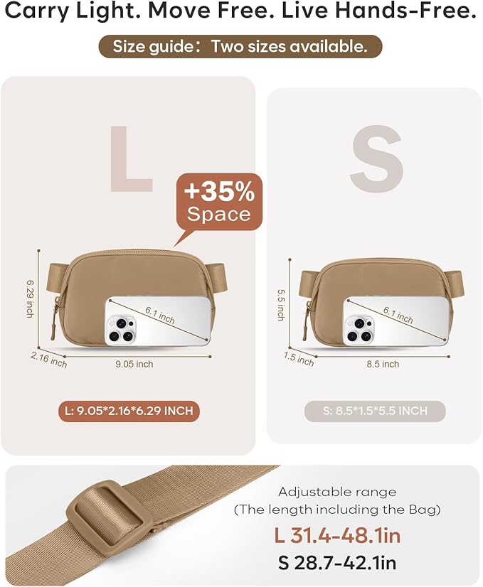 Pritent Fanny Packs for Women Cross Body Bag Waterproof Belt Bag with Adjustable Strap and Zipper Back Pocket Small Crossbody Bags Fashion Waist Packs for Workout Travelling(Khaki, Large)