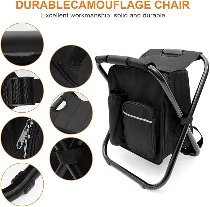 YESIACE Portable Folding Camping Stool, Backpack with Cooler Bag, Hiking Seat, Outdoor Fishing Hunting Gifts, Black