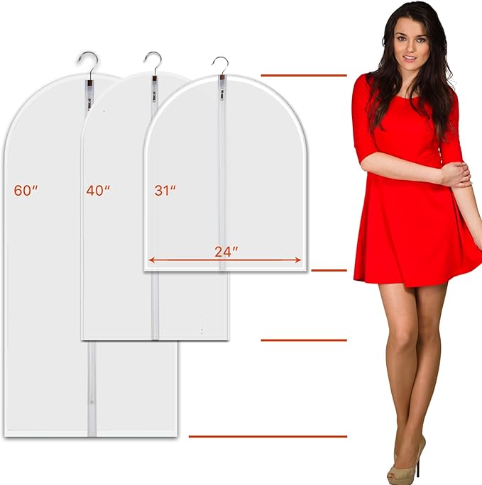12-Pack Hanging Garment Bags - 31 Inch Clear Clothes Storage Covers with Full Zipper | Translucent Dust-Proof Organizers for Closet, Travel, Kids Clothes & Seasonal Wardrobe Protection