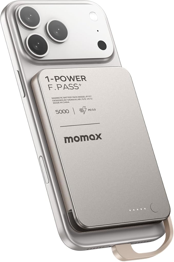 MOMAX 0.3" Slim Portable Charger with Built in Cable USB C Battery Pack (No Wireless) 5000mAh, PD 20W Fast Charging Power Bank for iPhone 17/16/15, Samsung Galaxy, Google Pixel, Android, iPad, AirPods