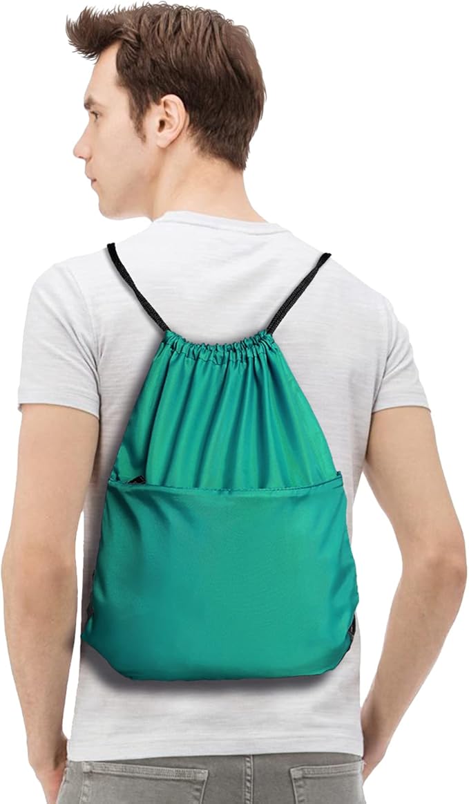 Drawstring Backpack Sports Water Resistant String Bag Sport Gym Sackpack for Women Men Students Large Size with Zipper, Teal