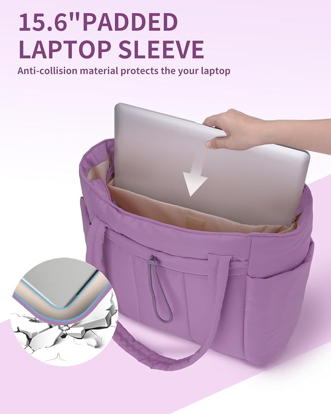 Wandering Nature Puffer Tote Bag with Cup Holder & Laptop Compartment & Trolley Sleeve for Travel, Work, Nurse, Women