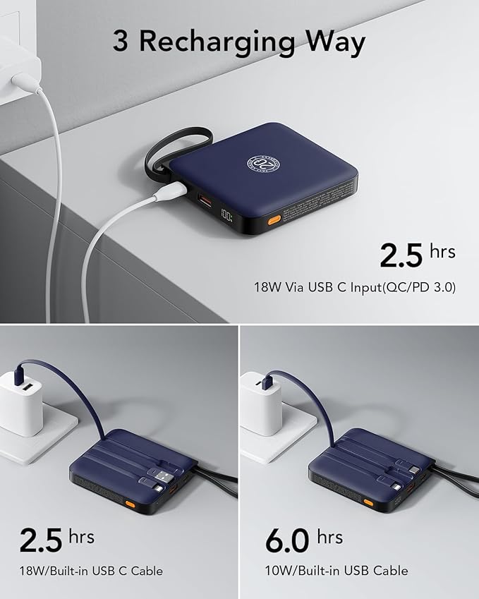 VRURC 10000mAh Portable Charger for iPhone with Built-in Cables, 22.5W Fast Charging Power Bank with LED Display, Battery Pack USB C for iPhone 17 Pro Max, Samsung S26, Travel Essentials (Royal Blue)