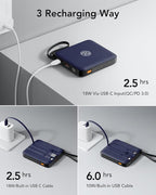 VRURC 10000mAh Portable Charger for iPhone with Built-in Cables, 22.5W Fast Charging Power Bank with LED Display, Battery Pack USB C for iPhone 17 Pro Max, Samsung S26, Travel Essentials (Royal Blue)