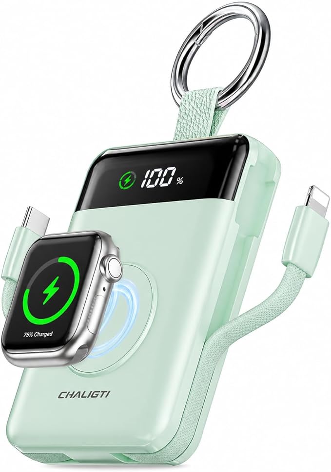 Portable Charger,5000mAh PD 20W Super Fast Charging Power Bank with Built-in Cables,Travel Keychain Battery Pack for Apple Watch Ultra/11/10/9/8/7/6/SE,iPhone 17/16/15/14/13/12 (Green)