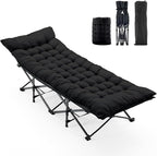 OLIXIS Folding Camping Cot, Rollaway Bed, Portable Camping Bed for Indoor & Outdoor, Sleeping Cot for Adults, 3.5'' Cushion, 440 lbs Sturdy Frame, Quick Setup, Compact Carry & Storage, Black
