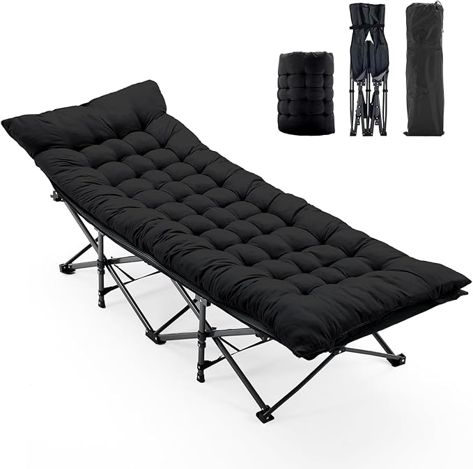 OLIXIS Folding Camping Cot, Rollaway Bed, Portable Camping Bed for Indoor & Outdoor, Sleeping Cot for Adults, 3.5'' Cushion, 440 lbs Sturdy Frame, Quick Setup, Compact Carry & Storage, Black