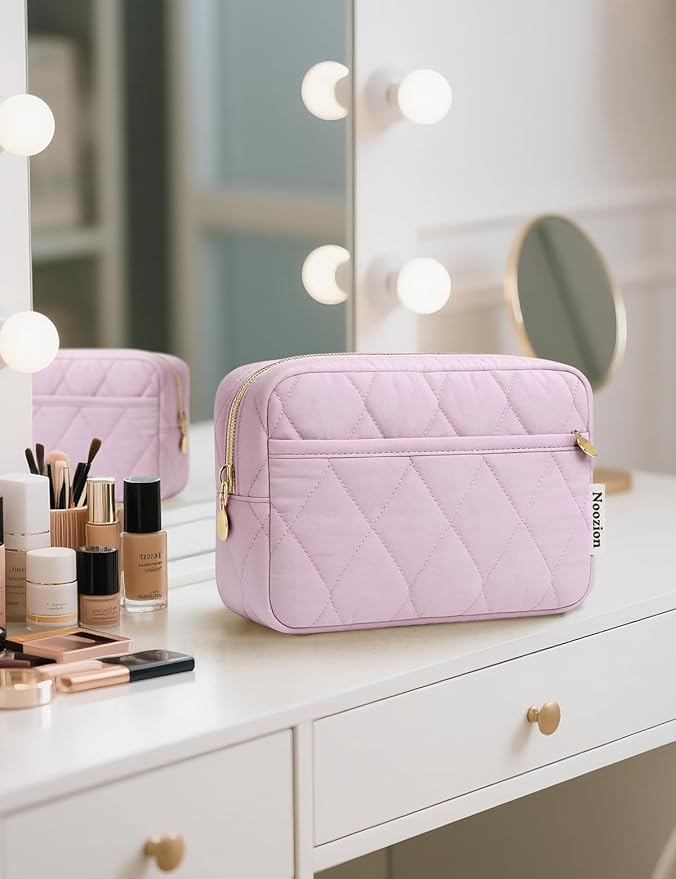 Noozion Makeup Bag Travel Toiletry Bag, Puffy Padded Cosmetic Bag for Women, Makeup Organizer Case, Wide-open Pouch Purse, Travel Essentials