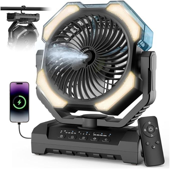 Camping Misting Fan - Portable Rechargeable Fan with 8.9oz Tank, Light, Hook - Battery Power 120H MAX Working, Fast Cooling, 4 Speed, Timer, Sleep Mode, for Outdoor, Travel, Patios, Beach
