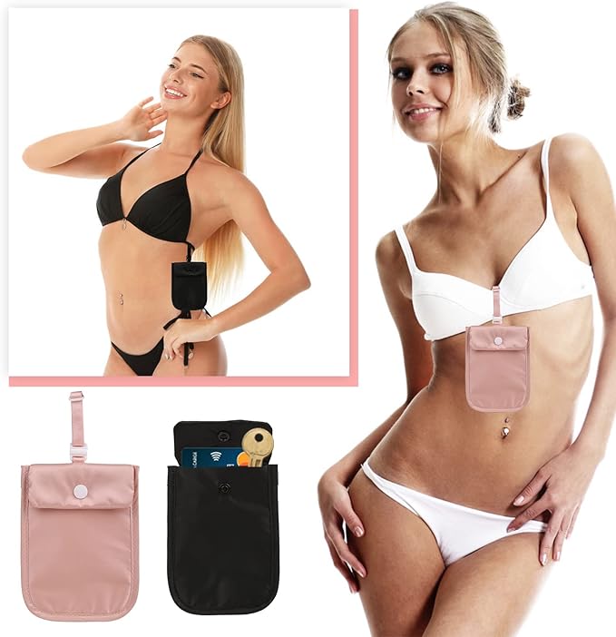 Travel Bra Wallet for Women Hidden Bra Wallet for Travel Under Clothes Secret Pouch(Black, Pink)