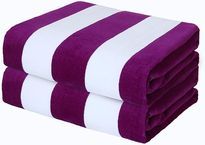 Exclusivo Mezcla 2 Pack Cotton Oversized 35x70 Inches Cabana Stripe Beach Towels, Super Absorbent Soft Plush Pool Bath Towel (Purple)