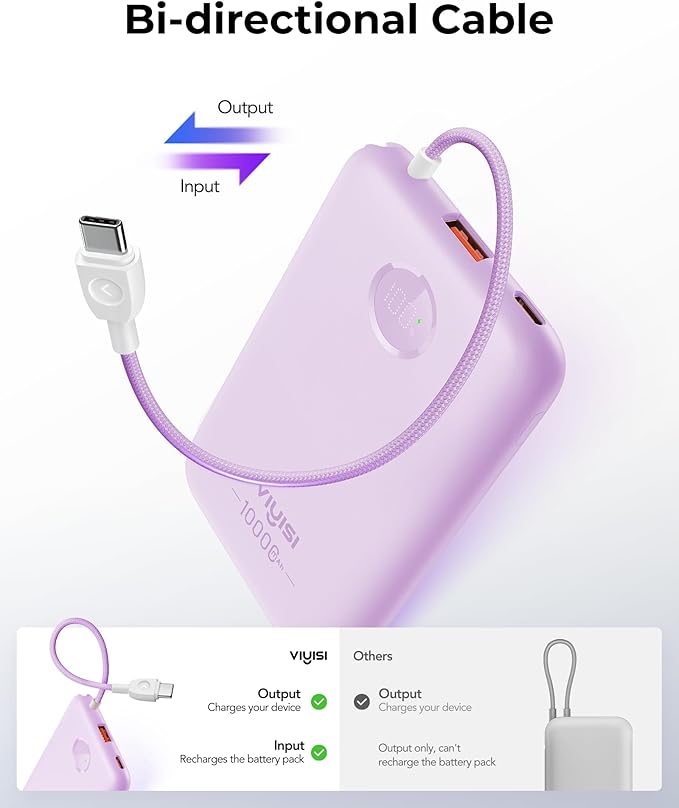 VIYISI Slim Portable Charger Power Bank 10000mAh, PD 20W Fast Charging Compact Battery Pack with Built-in USB C Cable, Travel Essential Compatible with iPhone 17 16 15, Samsung, Android - Purple