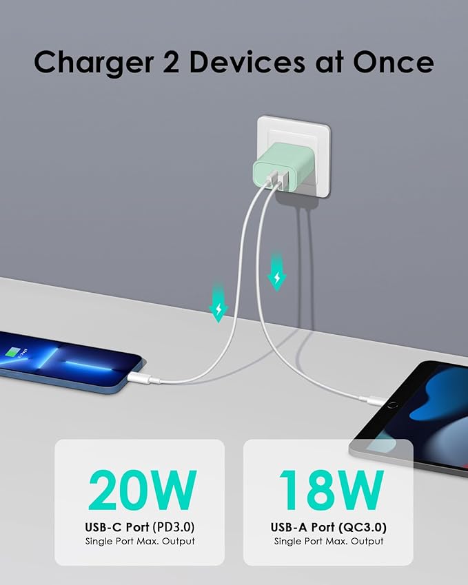[4 Pack] USB C Charger Block Fast Charging Multiport Adpater [PD 20W USB-C & QC 3.0 USB-A Port] for i Phone 17/16/15/14/13/12/11/X/8, i Pad, Galaxy, Google, Galaxy & More [Green]