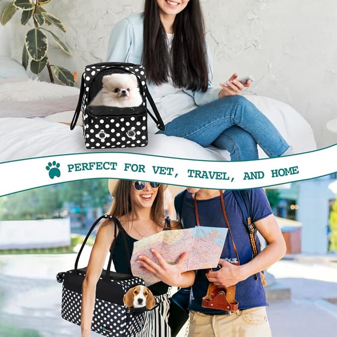PetAmi Dog Purse Carrier for Small Dogs Cats, TSA Airline Approved Soft-Sided Pet Carrier with Pockets, Ventilated Travel Tote Bag with Bed & Shoulder Strap, Puppy Kitten, Max 12 lbs, Polka Dot Black