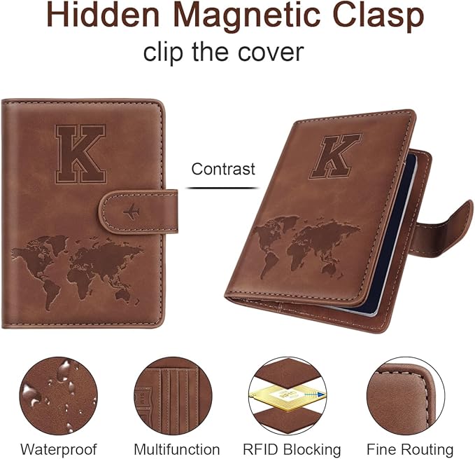 Passport Holder Wallet Cover Personalized Letter A-Z Travel Wallet RFID Blocking Passport Cover Wallet Case for Travel Passport Book Holders for Women and Men, Brown-K