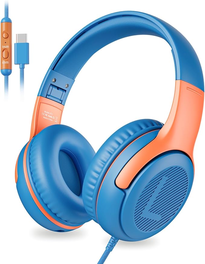 awatrue USB-C Kids Headphones with Mic - 85/94dB Volume Limiter, Foldable Wired Toddler Headphones for Boys & Girls, Over-Ear Type-C Kid Headphones for School, Travel, lPad, Tablet & Smartphones