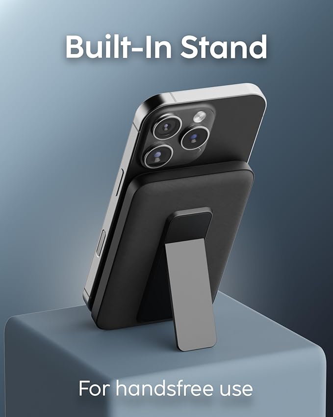 myCharge CliqLuxe Magnetic Wireless Power Bank 5,000mAh | iPhone & MagSafe Compatible | Qi2.2 25W Mag Safe Portable Charger | Built-in Stand | 20W PD USB-C Port | Premium Black Fabric