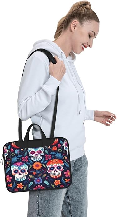 Laptop Bag Case Colorful Sugar Skull Flower Computer Messenger Shoulder Bag Laptop Sleeve Briefcase