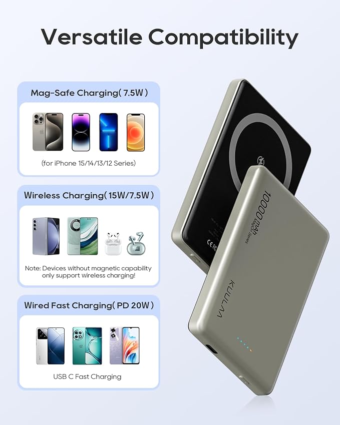 Kuulaa 10000mAh Magsafe Battery Pack 0.47IN Ultra Slim Magnetic Portable Charger Wireless Magsafe Power Bank Compatible with iPhone 16/15/14/13/12 Series