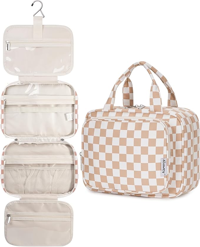 Narwey Hanging Toiletry Bag for Women Travel Makeup Bag Organizer Toiletries Bag for Travel Size Essentials Accessories Cosmetics (Light Checkerboard (Medium))