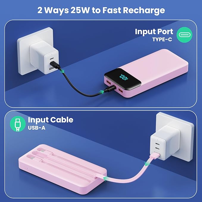 Portable Charger Power Bank 40800mAh with Built-in Cables,25W Fast Phone Charging Portable Battery Pack,5 Outputs Travel Essentials Outdoor External Battery for iPhone 17/16,Galaxy Android etc-Pink