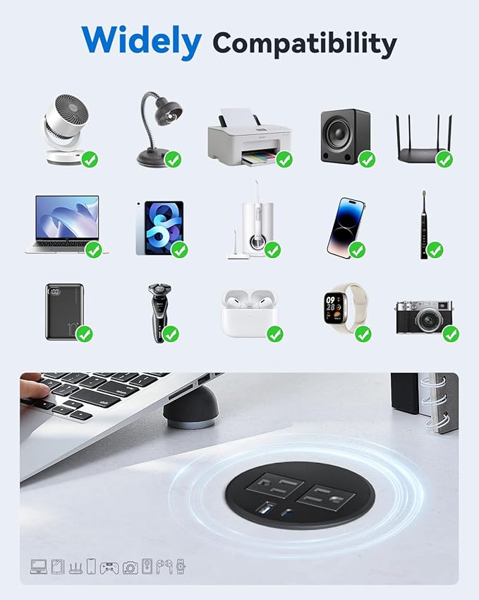 Desktop Power Grommet with 20W USB C Fast Charging, 3 inch Flush-Mount Recessed Power Strip for Desk,Office Tables,Furniture, Recessed Outlet 6FT Cord, 45° Thin Flat Plug, 2 USB Ports, Black