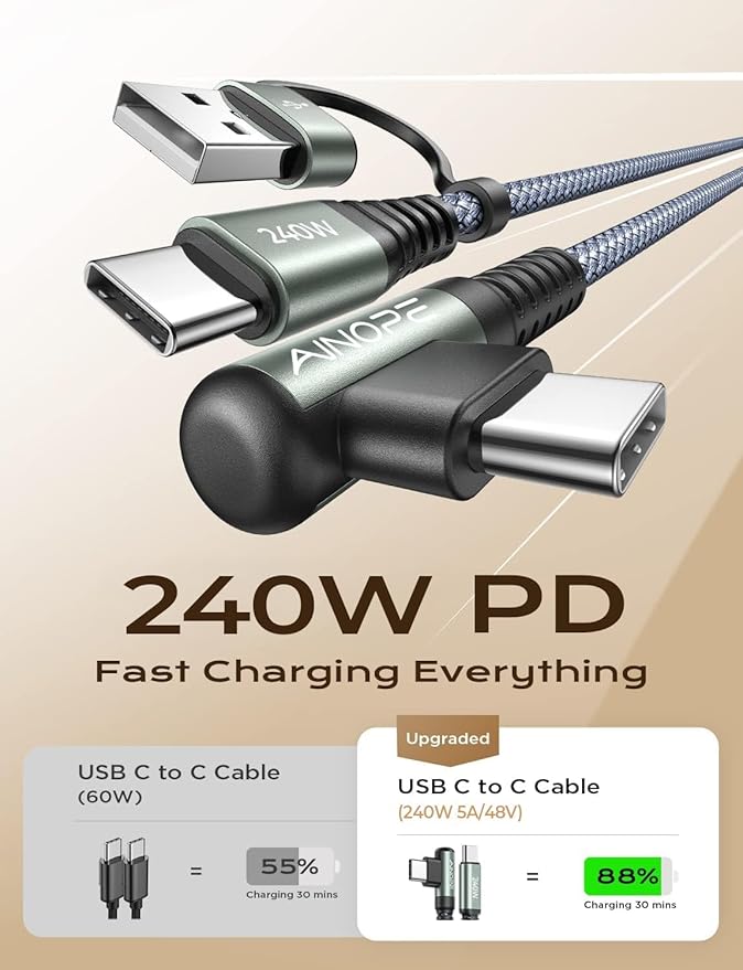 AINOPE 240W Long USB C Cable Multi 4 in 1 Charging Cable Fast Charging C Type Charger Fast Charge USB to USB C,Right Angle Fit iPhone 16 15 Pro Max iPad Samsung 3.3FT Gray