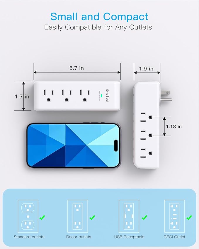 2 Pack Surge Protector Outlet Extender, 9 AC Multi Outlet Wall Plug with Rotating Plug, 1800J Wall Charger, 3-Sided Power Strip Electrical Plug Adapter Outlet Splitter for Home Office Dorm,White