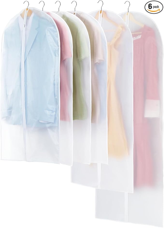 Carbrea Translucent Garment Bags for Hanging Clothes - Frosted Clothes Storage Bags for Suits, Dresses, Closet Storage - 6 Pack
