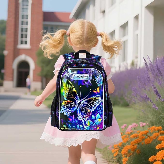 18" Kids Suitcase for Girls, 5Pcs Carry on Luggage With Wheels, Butterfly Suitcases for Toddler Children(Black)