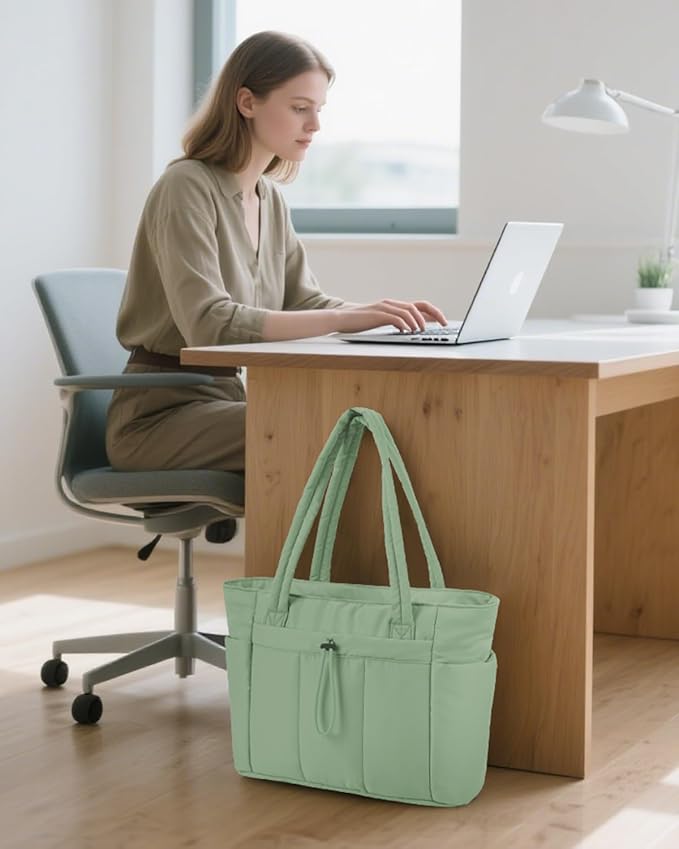 Wandering Nature Puffer Tote Bag with Cup Holder & Laptop Compartment & Trolley Sleeve for Travel, Work, Nurse, Women