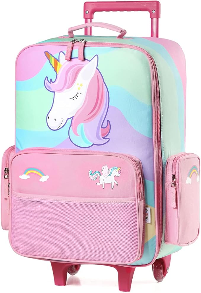 VASCHY Kids Luggage for Girls, Cute Rolling Travel Carry on Suitcase for Toddlers/Children with Wheels 18inch Unicorn