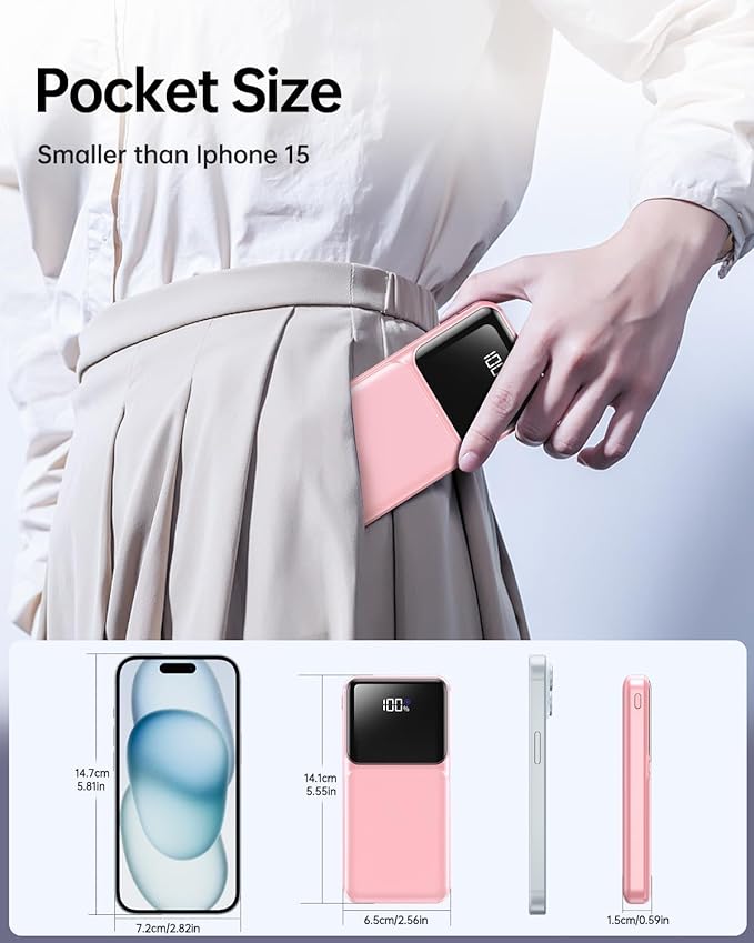 RONEGN Portable Charger with Built in Cable - Power Bank Fast Charging 22.5W USB C 10000mAh LED Display Travel Battery Pack 5 Outputs & 3 Inputs for iPhone Samsung Android iPad Phones Tablets etc