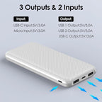 Power Bank 10000mAh Portable Charger, Slimmer Battery Pack 5V/3A with USB C Input & Output, Travel Essentials Powerbank Compatible for iPhone, Galaxy, LG, Sony, Pixels, Tablets and More (White)