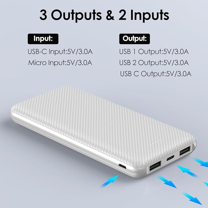Power Bank 10000mAh Portable Charger, Slimmer Battery Pack 5V/3A with USB C Input & Output, Travel Essentials Powerbank Compatible for iPhone, Galaxy, LG, Sony, Pixels, Tablets and More (White)