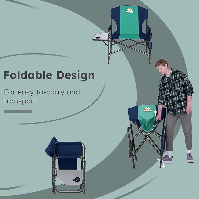 Colegence Oversized Directors Camping Chair Set of 2 Support 600 LBS, Heavy Duty Folding Outdoor Chairs with Detachable Side Pocket and Adjustable Side Table for Outside Beach,Lawn,Fishing,Dark Blue