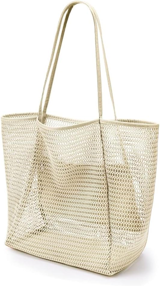 CWB&ADB Large Mesh Beach Tote Bag, Foldable Summer Handbag, Tan