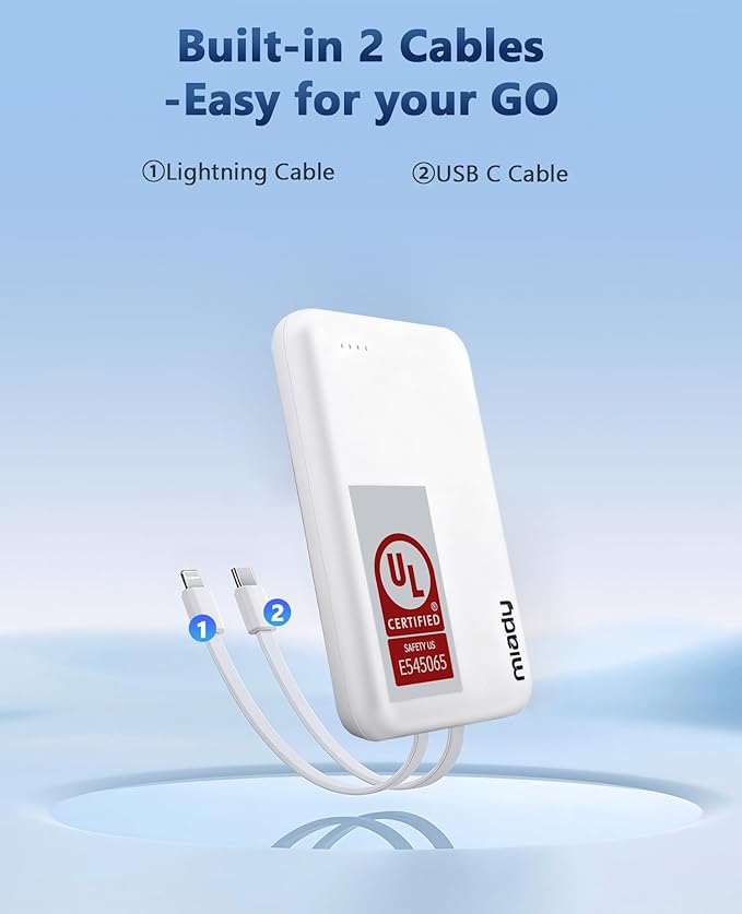 Miady 2-Pack Small Portable Charger UL Listed, 5000mAh Slim Power Bank Built-in 2 Cables Compatible with iPhone 17/16/15/14/13 (Cream Blue+Champagne Pink)