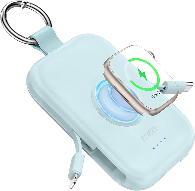 RORRY CharmGo Portable Charger, 5000mAh Portable Charger Power Bank with Built-in Cables, Travel Keychain Battery Pack for Apple Watch and iPhone Air/17/16/15/14/13/12, Blue