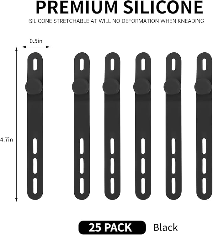 Oligei 25 Pcs Silicone Cable Ties, Cable Ties Reusable, High Elasticity Cord Wraps for Electrical Cords, Cord Organizer for Earphone, Phone Charger(Black)