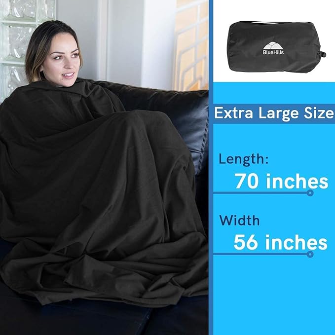 BlueHills Premium Soft Compact Travel Blanket Value Pack Set of 2 - Airplane Flight Blanket Throw in Soft with Luggage Belt Compact Pack Large Blanket for Travel Black and Navy Blue Color